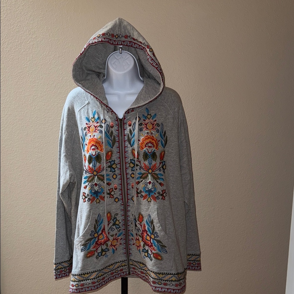 HTF Rare Johnny Was Izamal Gray Multicolor Embroidered Sweatshirt Hoodie Size 1X